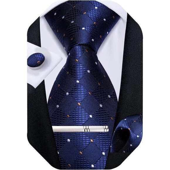 🆕Men Blue Plaid Silk Checkered Necktie Pocket Square Cufflinks Tie Clip Set